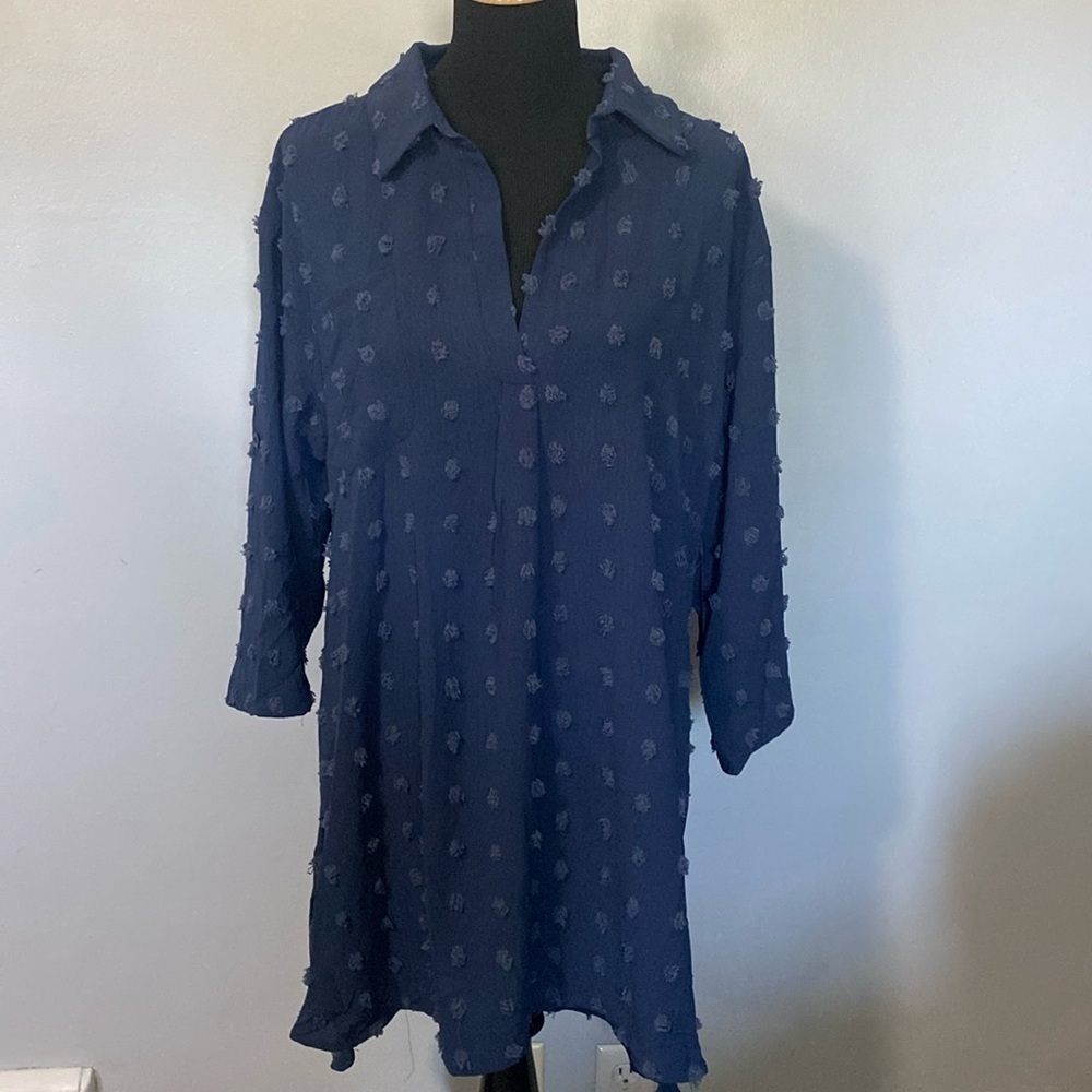 B Tunic Dress Collared V-Neck Swiss-dot Pom 3/4 Button-up Sleeves Sz XL